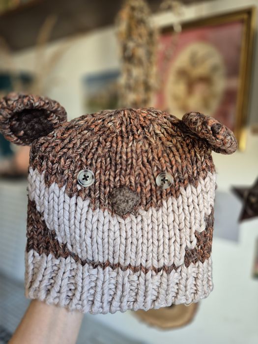 Czapka zimowa vintage młodzieżowa dziecięca brązowy miś z uszami