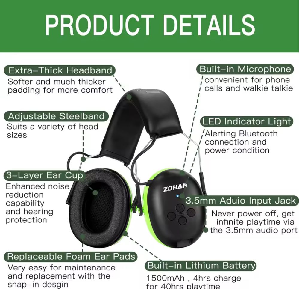 PROHEAR 037 słuchawki ochronne z Bluetooth, mikrofonem - zielone
