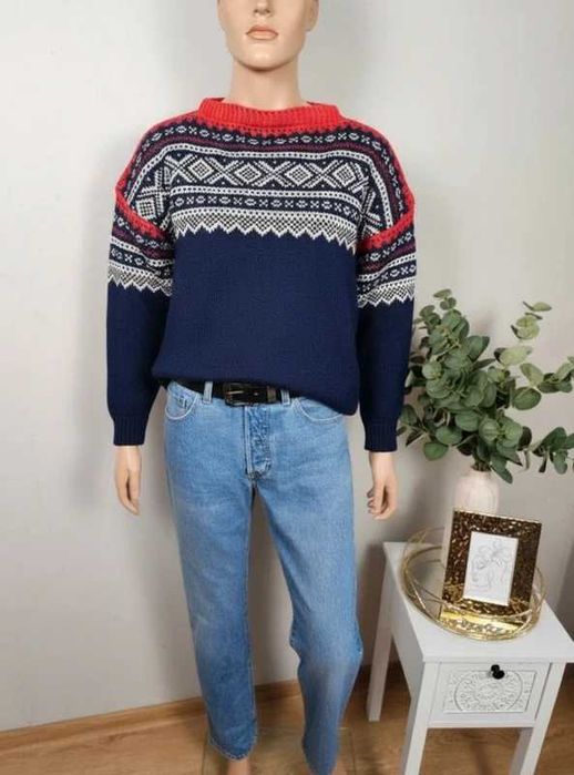 Sweter męski  wełna norweski wzór granatowy z czerwienią XL Handmade