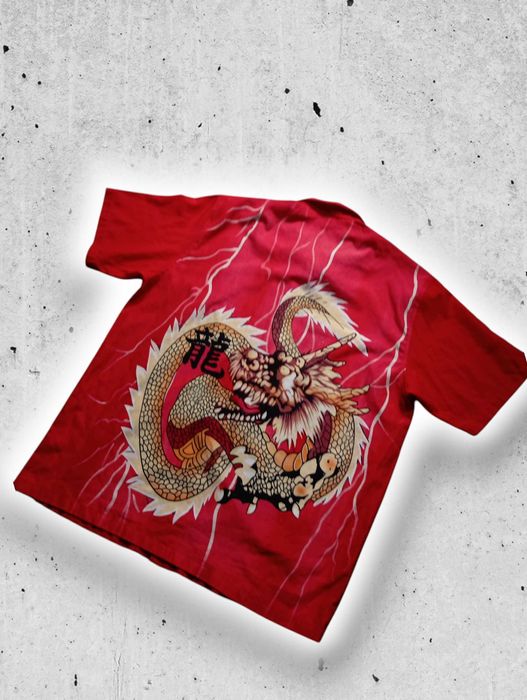 Czerwona męska koszula hawajska z smokami oversize