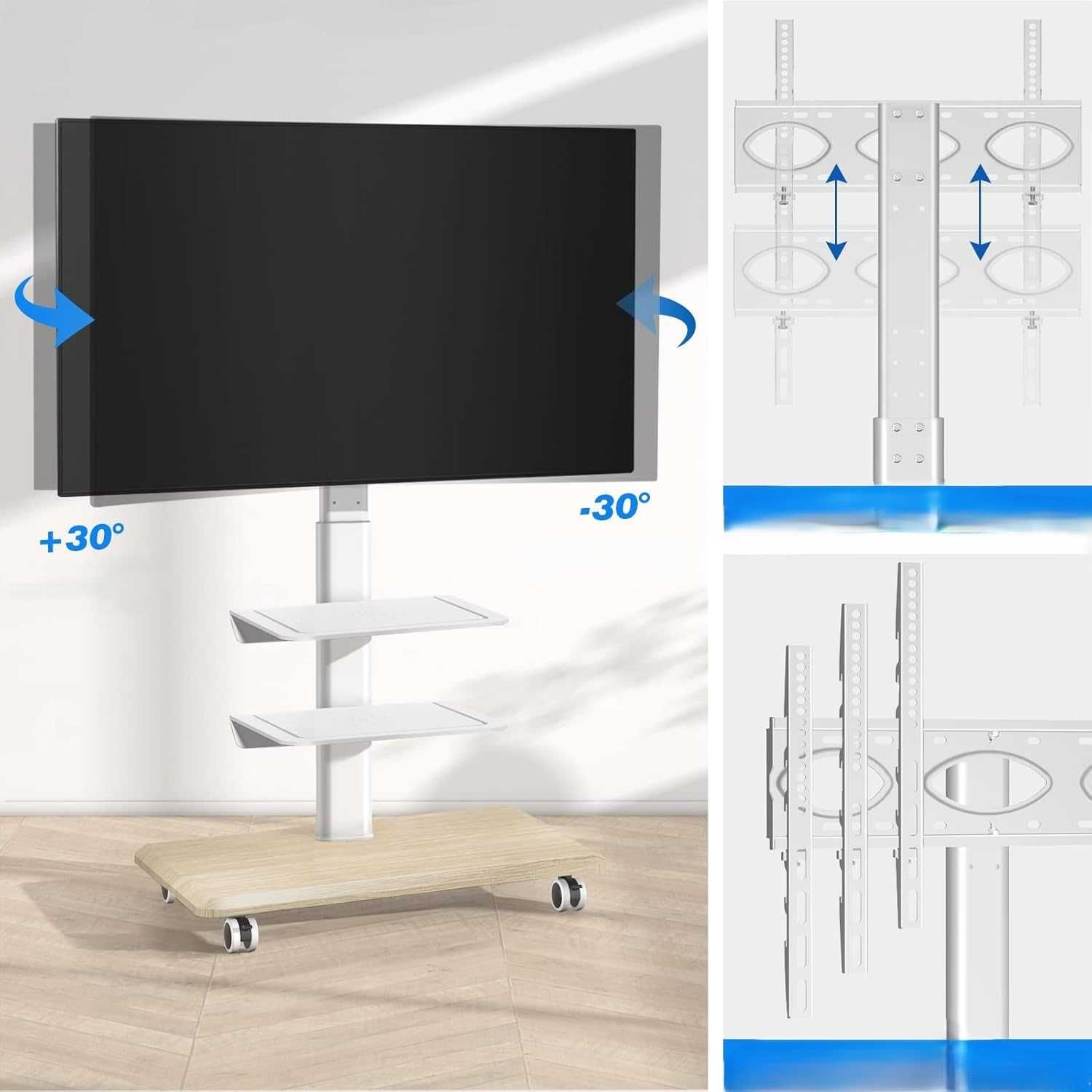 Biały stojak TV RFIVER z półkami, do 65", VESA 400x400, 35 kg