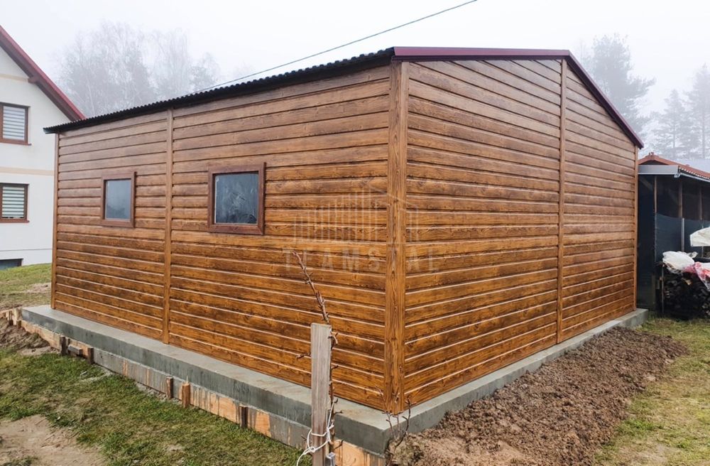 Garaż Blaszany 6x6 2x Brama  - drewnopodobny drzwi - 2x okno TS584