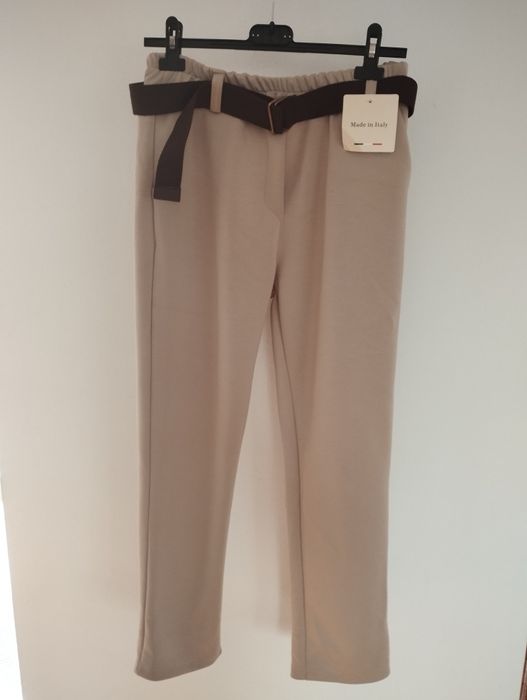 Nowe włoskie spodnie z paskiem i kieszeniami miły materiał większe