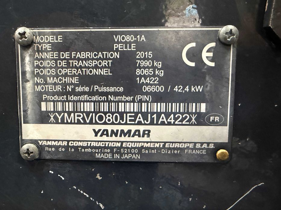 2015 Yanmar VIO80-1A Escavadora Giratória de Rastos