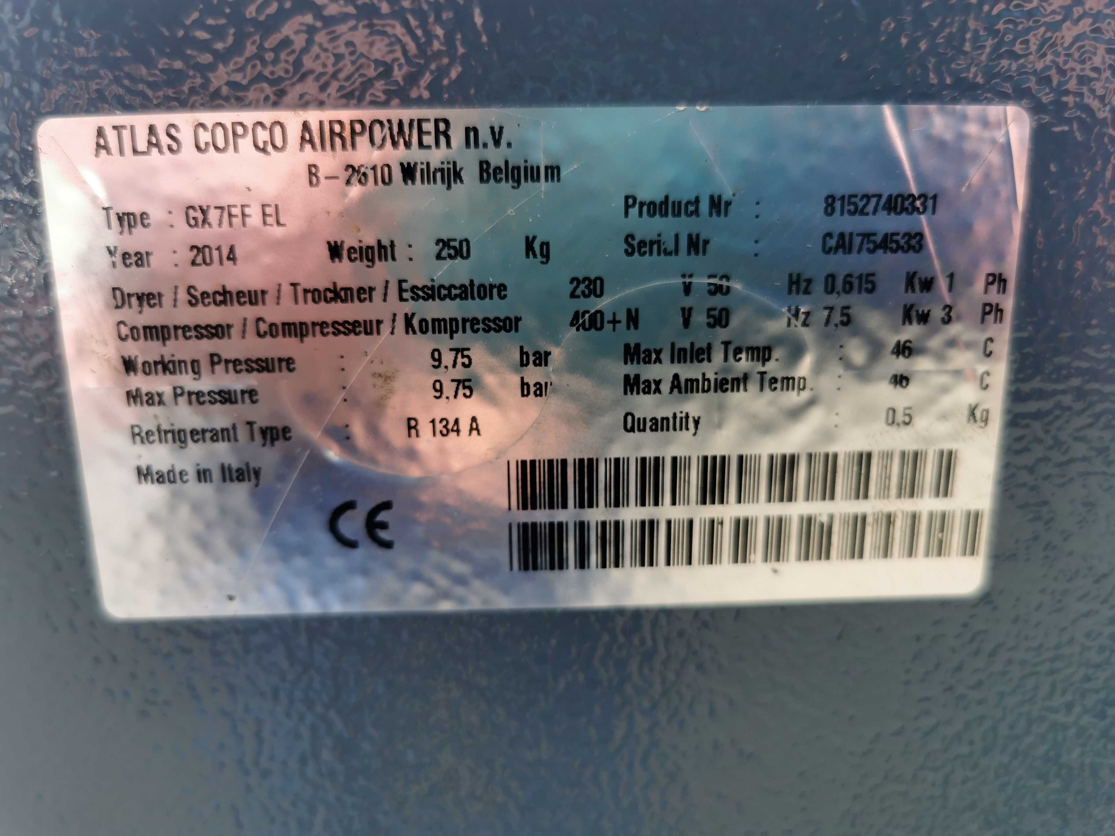 7.5kw 1000l/min Sprężarka śrubowa ATLAS COPCO GX7FF 10 bar +OSUSZACZ
