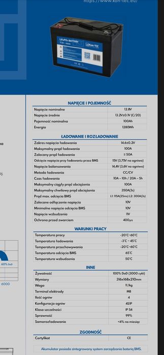 Bank energii Akumulator Lifepo4 polskiej produkcji Kon Tec 100Ah 12V z
