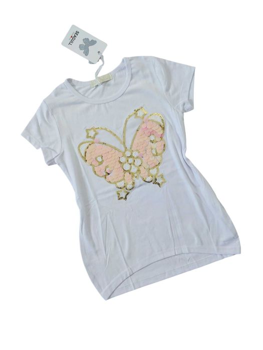 Bluzka biała dziewczęcy t-shirt krótki rękaw koszulka nowa 116-122