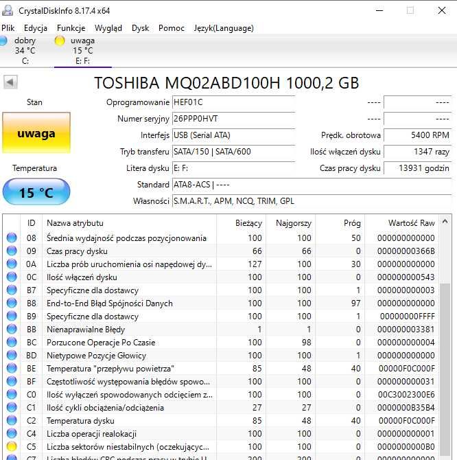 dysk toshiba 1tb hdd (jak nowa obudowa) stan średni dysku pudełko