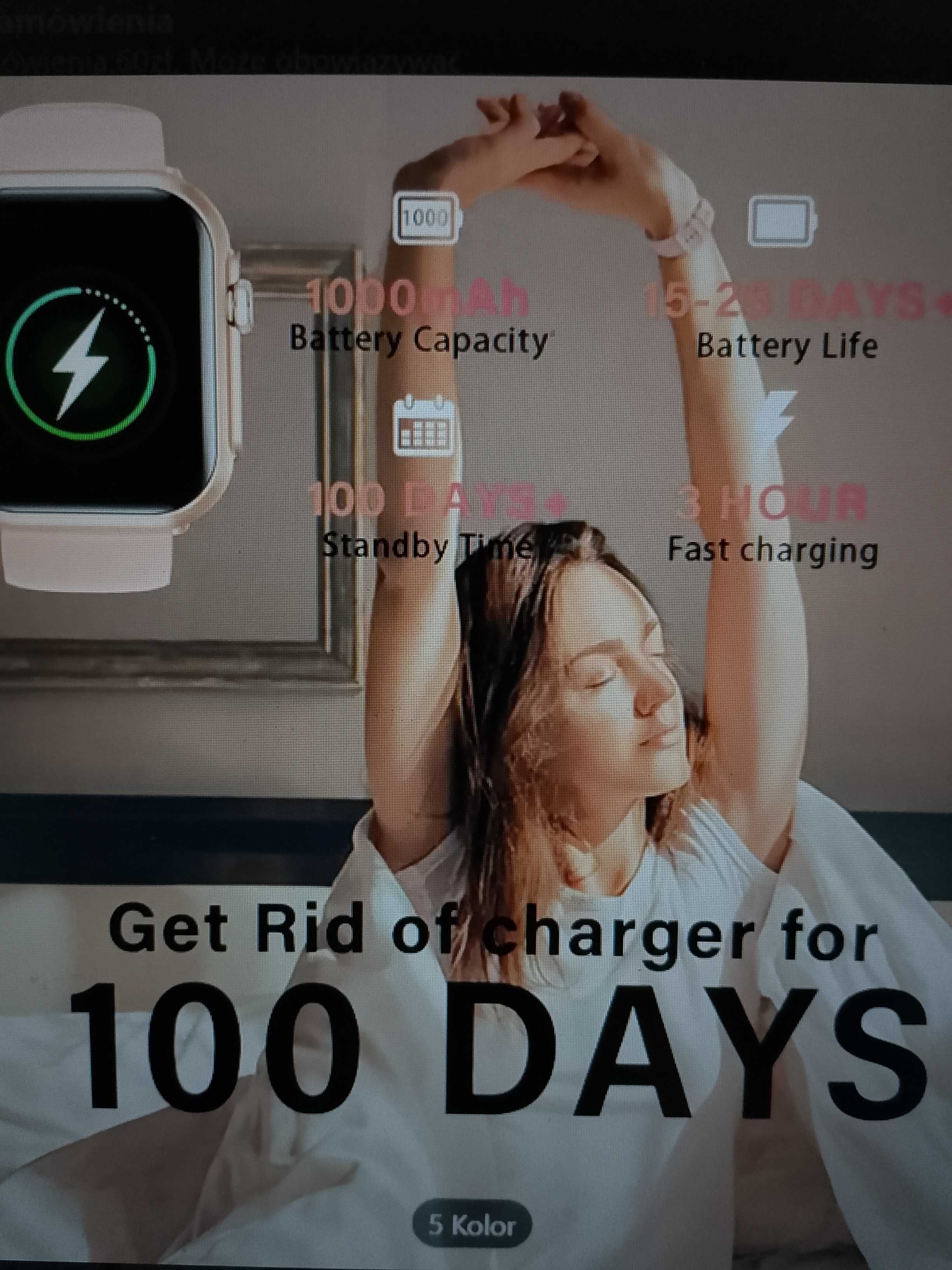 Smartwatch Fitness Tracker czarny z akumulatorem "1000 mAh" na 100 dni