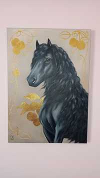 Картина Чорний кінь 50х70 см олійний живопис, картина маслом конь