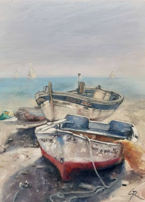 Łodzie na plaży. Obraz olejny na płótnie. 30 X 40 cm