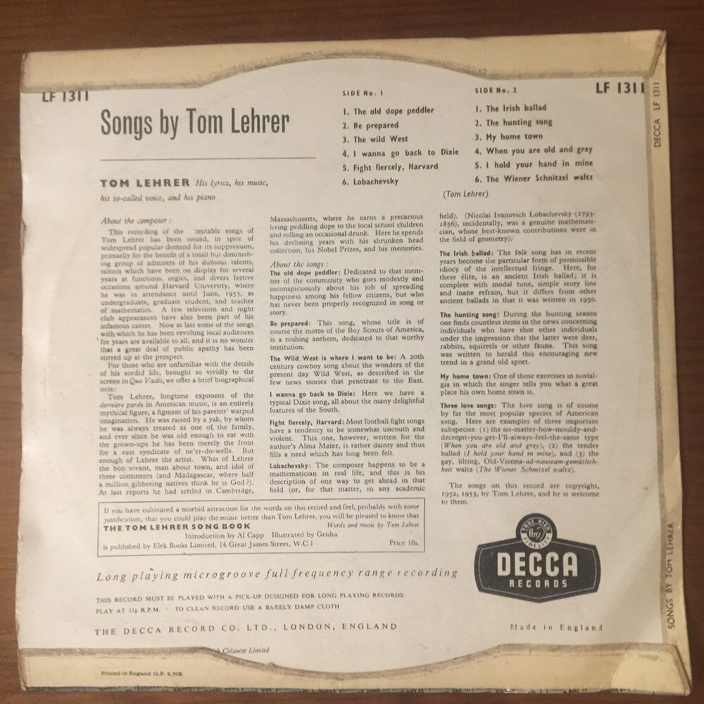 Disco Songs by Tom Lehrer 33 1/3RPM