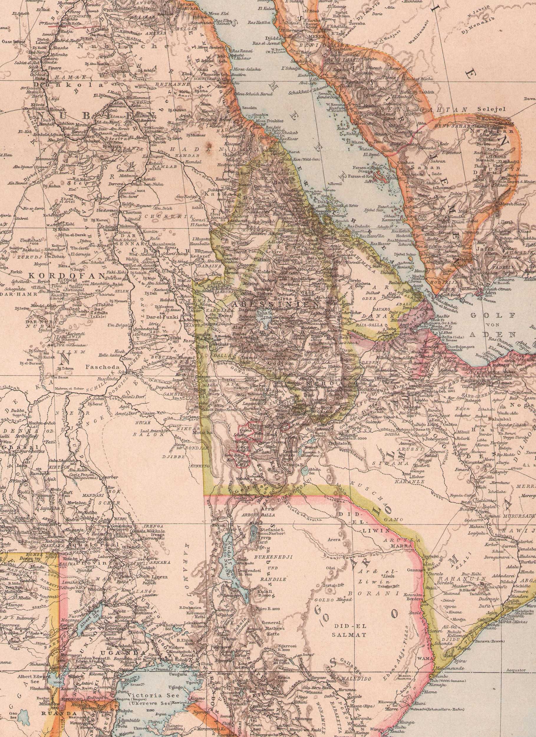 Egipt Morze Czerwone Nubia Sudan. Duża stara mapa 1893 rok autentyk