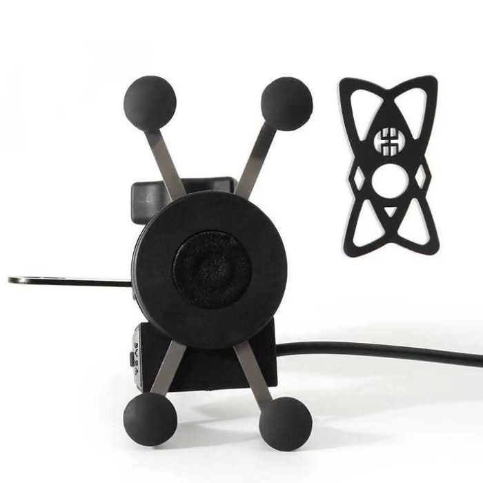 Suporte telemóvel USB garras 4 pontos fixação espelho cafe racer