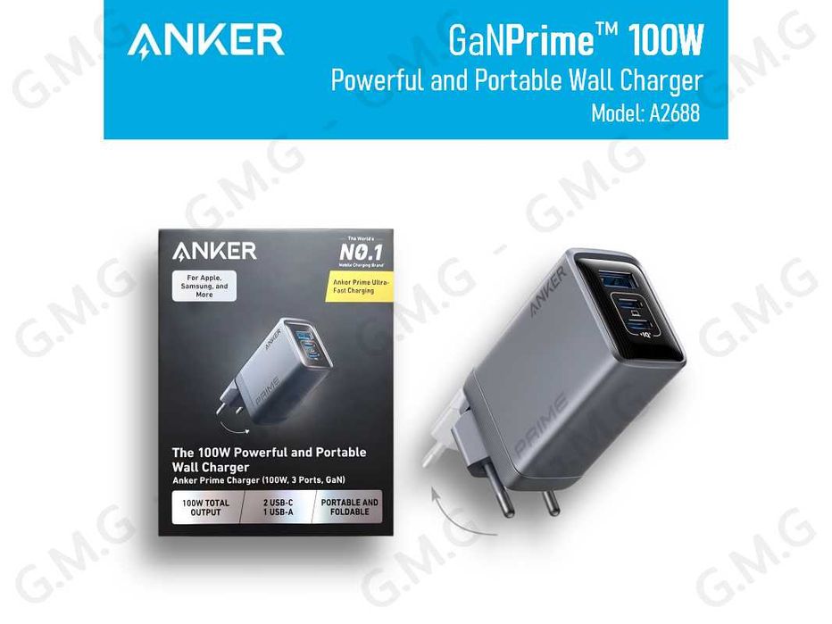 Зарядний пристрій ANKER Prime™ GaN Charger 2C+A 100W EU (A2688)