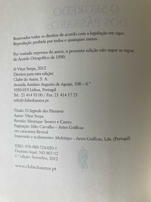 O Segredos dos Pássaros, de Vítor Serpa