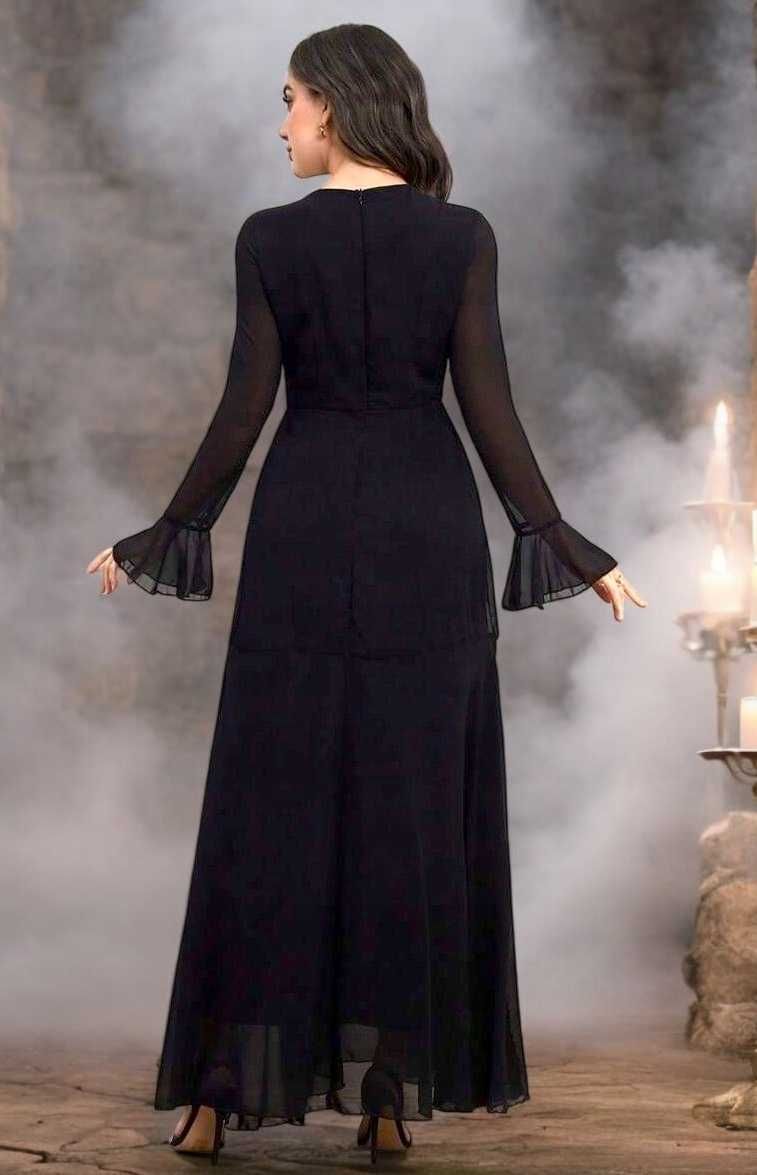 Długa Czarna Szyfonowa Sukienka Szerokie Rękawy Elegancka Gothic L