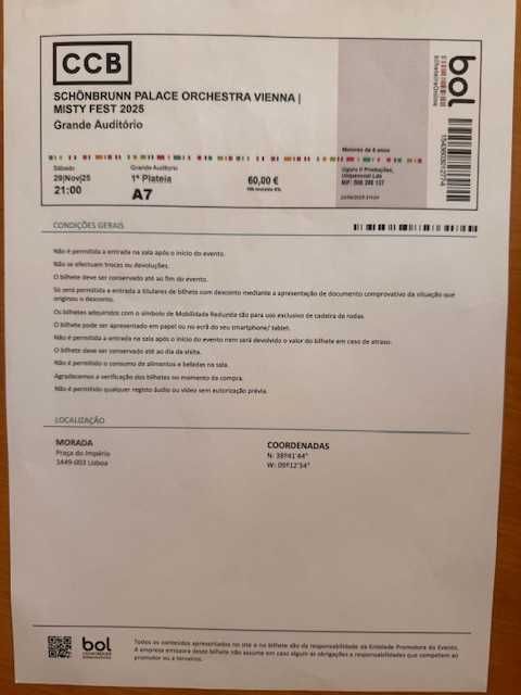 Vendo 2 bilhetes para concerto Schönbrunn Orchestra Vienna - CCB