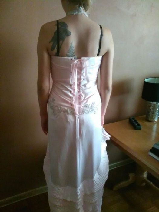 Suknia ślubna cywilny, balowa pudrowy ròż asymetryczna