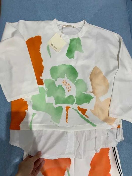 italy new collection komplet dresowy biały kwiaty oversize lato wiosna