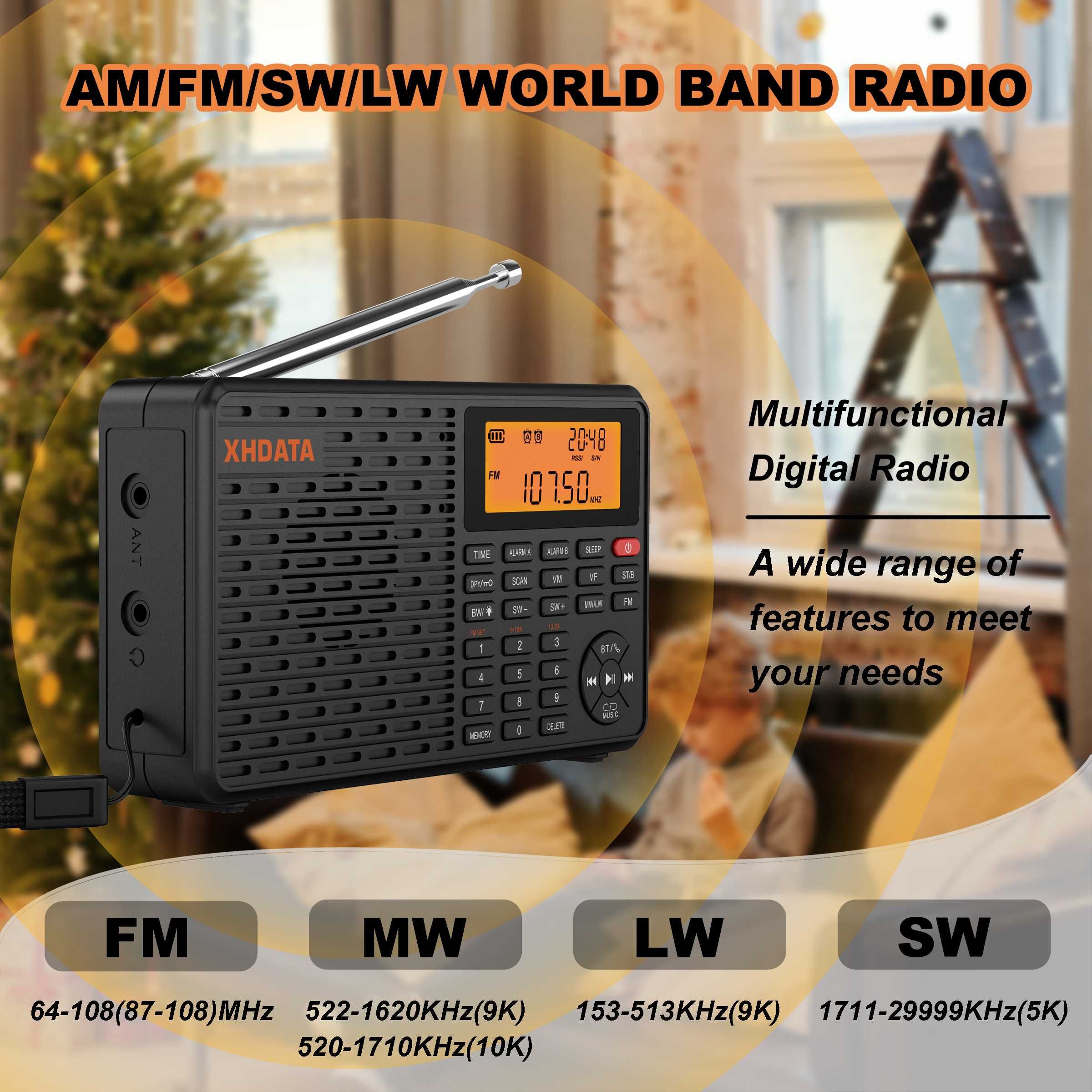 Радіоприймач XHDATA D-109 FM/AM/SW/LW з Bluetooth, MP3, акум. 18650