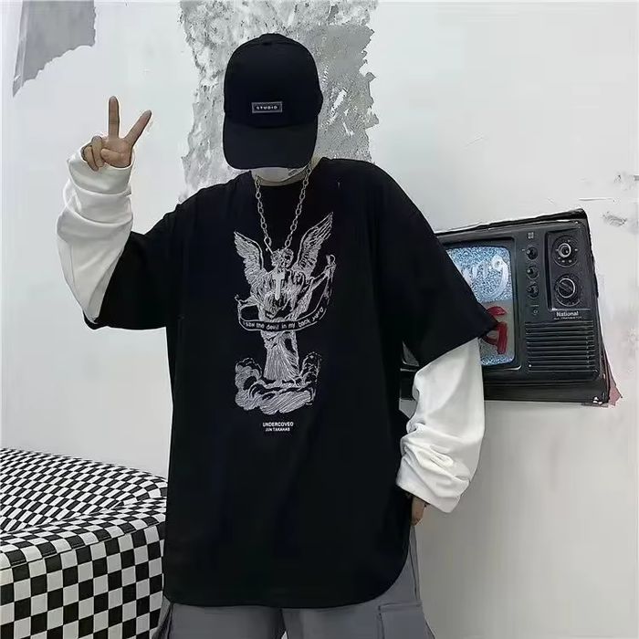 Czarna koszulka oversize z motywem anioła Anime Harajuku Hikigawa  3XL