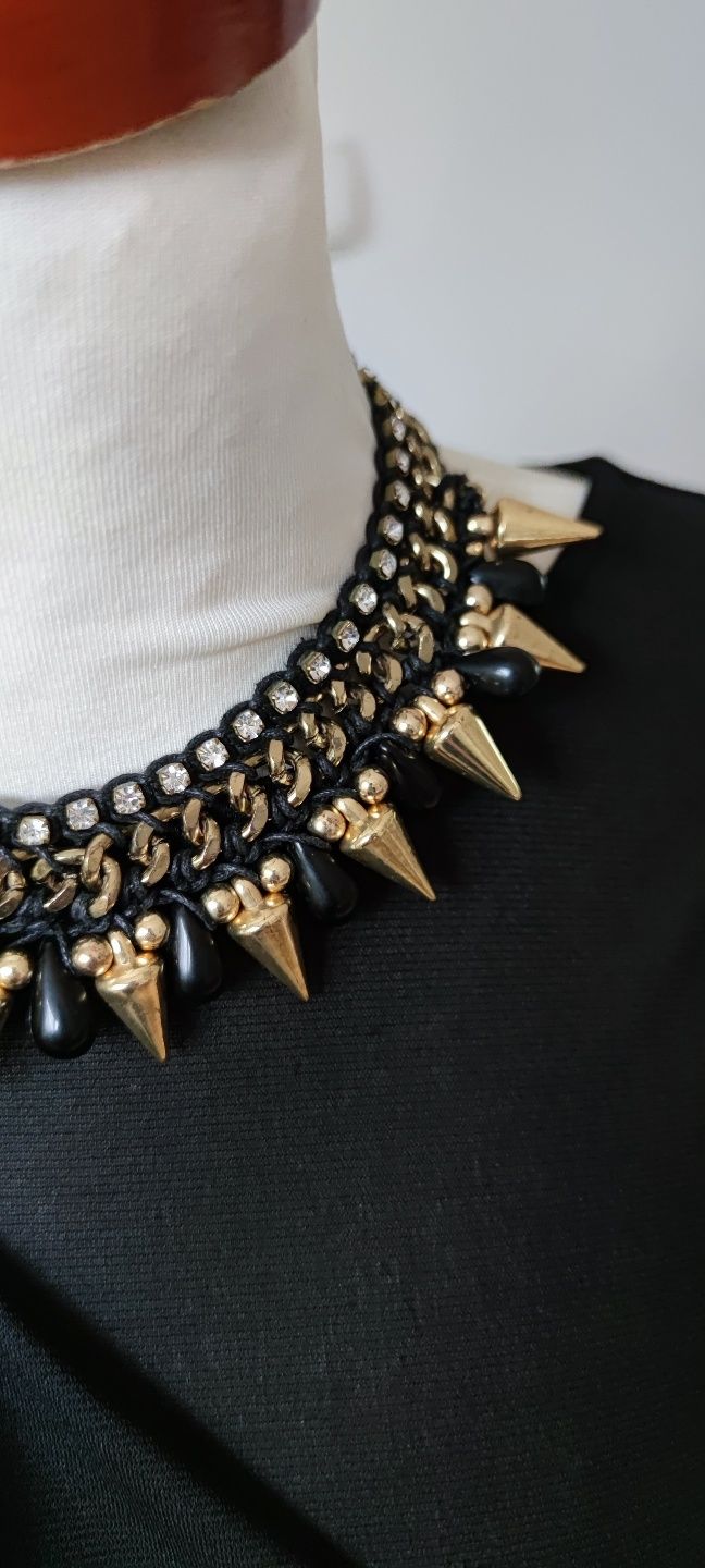 Naszyjnik choker czarny złoty kolce diamenciki H&M