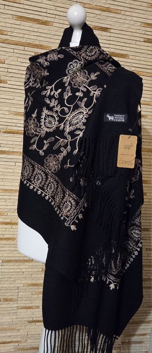 Piękny szal boho haft 50%kaszmir 50% wełna duży rozmiar 200x70 czarny