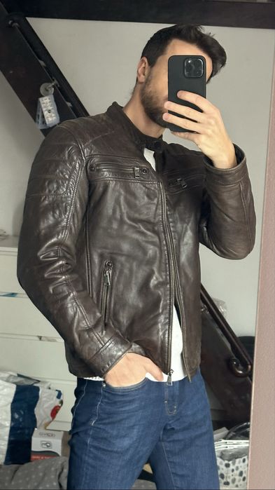 Kurtka skórzana męska brązowa ramoneska café racer pikowana S/M