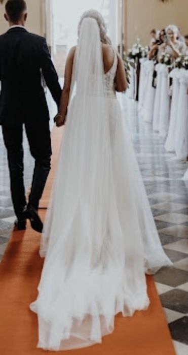 Suknia ślubna syrenka dopasowana ręcznie zdobiona tren+welon 3 metrowy