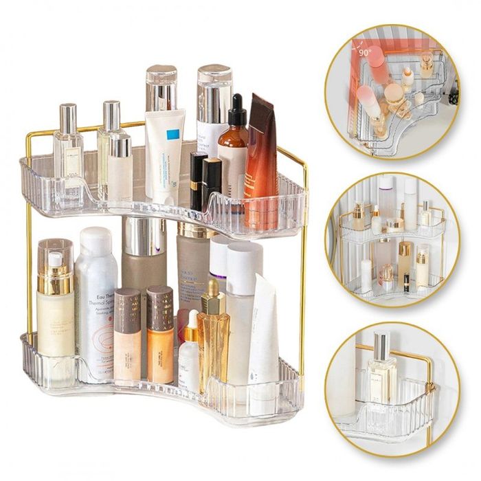 Stojak organizer półka na kosmetyki do łazienki narożny złote uchwyty