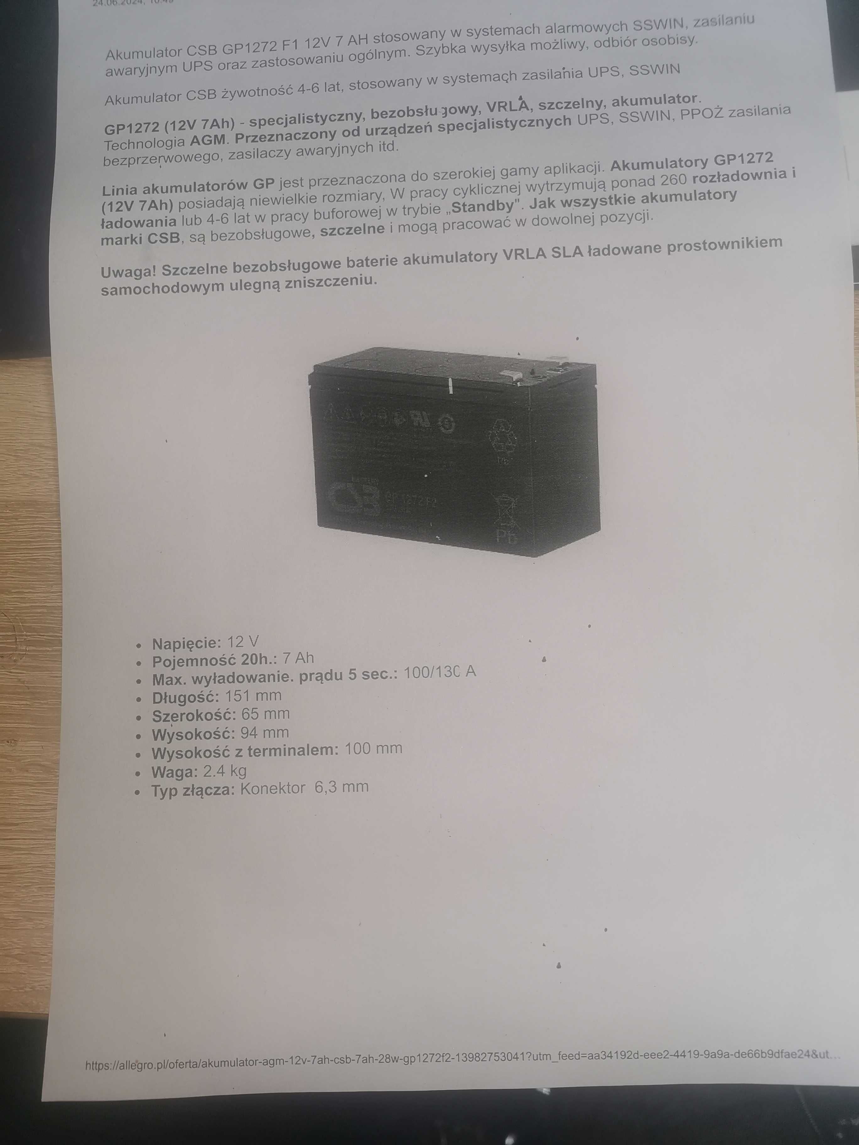 Akumulator CSB GP1272 F1 12V 7AH
