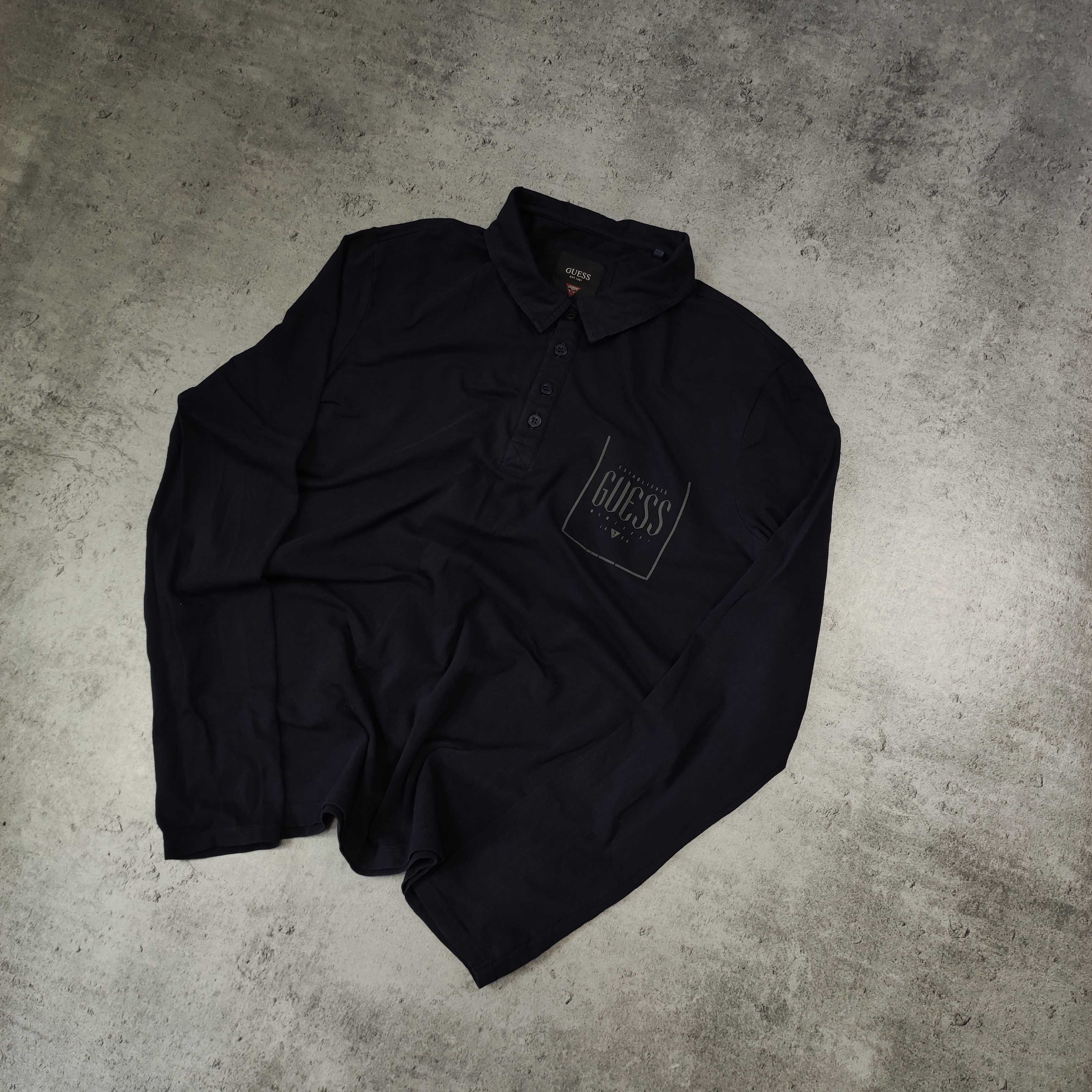MĘSKA Elegancka Koszulka POLO Długi Rękaw Kołnierzyk Granat Guess USA