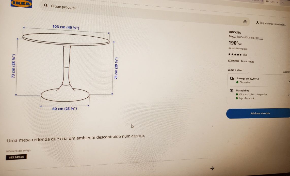 IKEA DOCKSTA mesa jantar refeições, reuniões, sala, cozinha