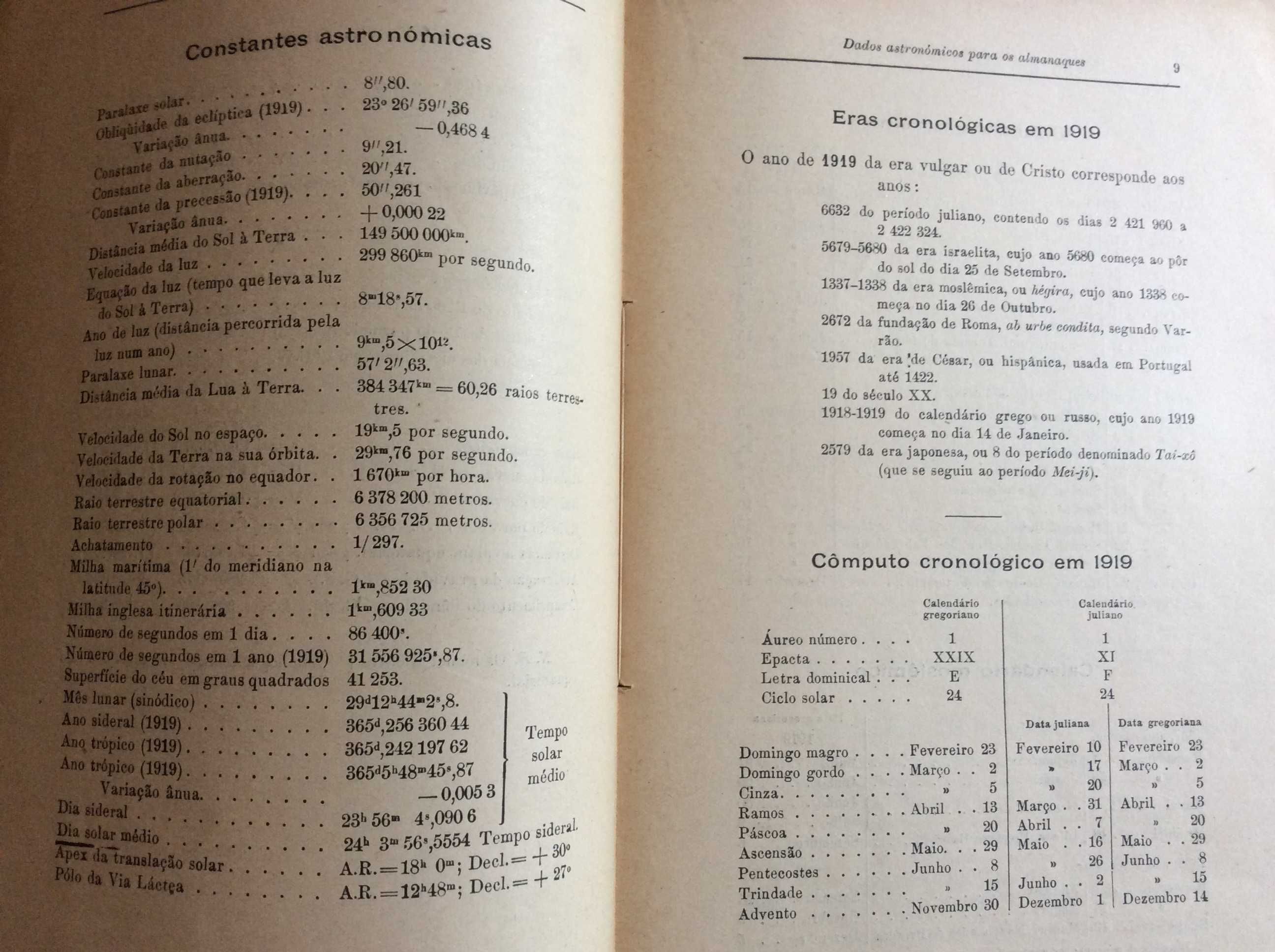 Dados astronómicos para os almanaques de 1919 para Portugal.  Raro