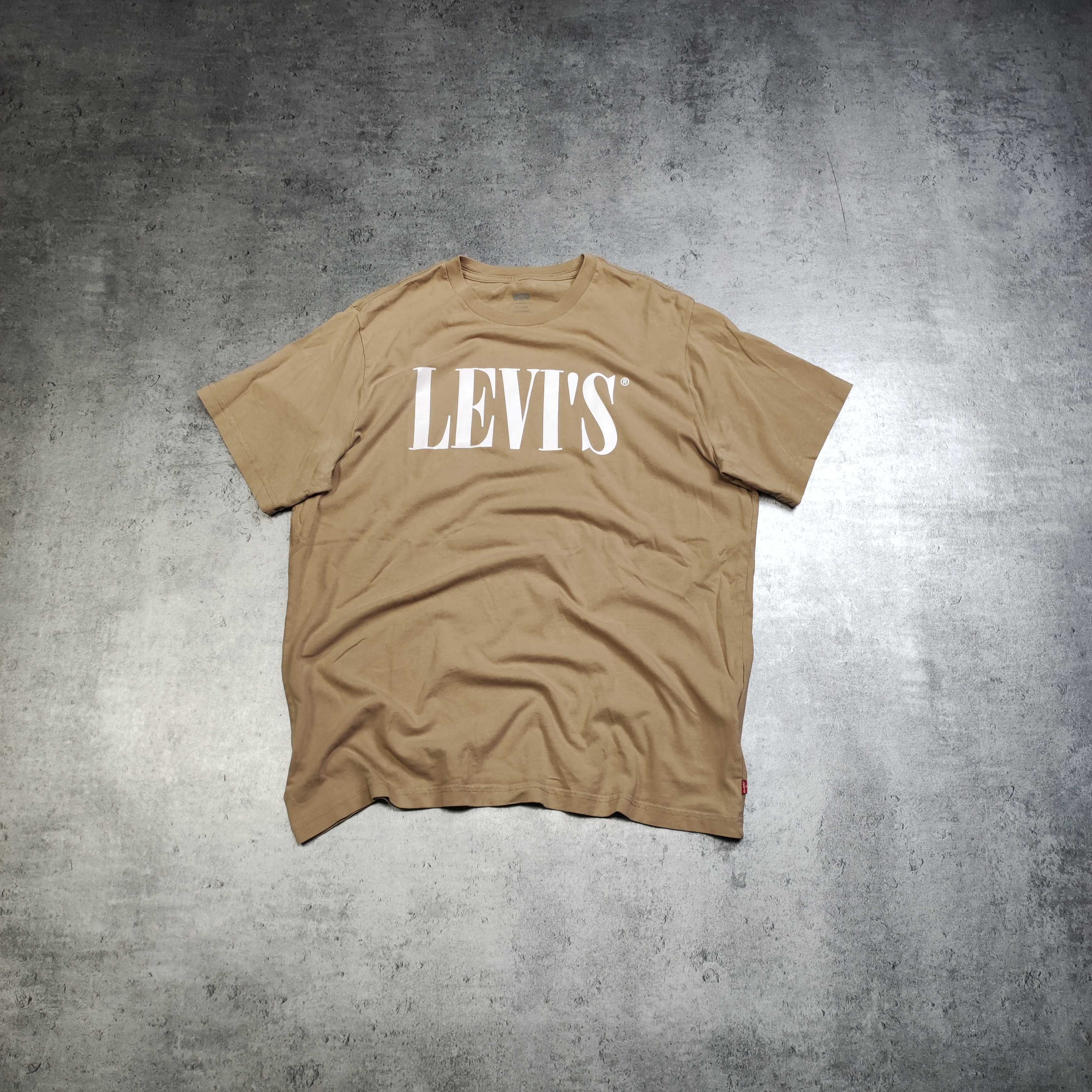 MĘSKA Koszulka PREMIUM Beżowa Logo Nadruk Levis Bawełna Casual