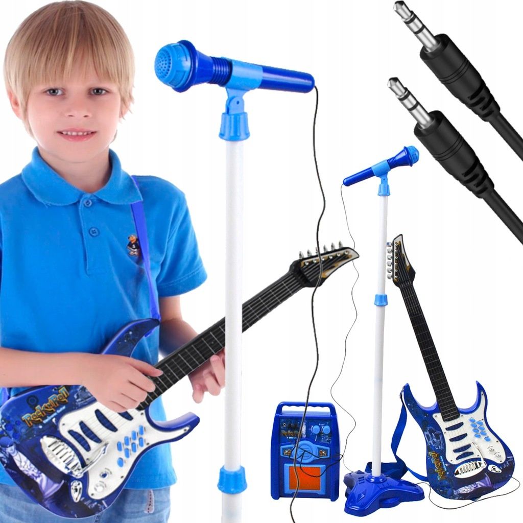Комплект дитячої електрогітари+мікрофон+підсилювач/Синій-Рожевий колір