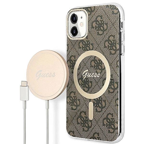 Etui Guess 4G Print MagSafe na iPhone 11 + ładowarka indukcyjna - brąz
