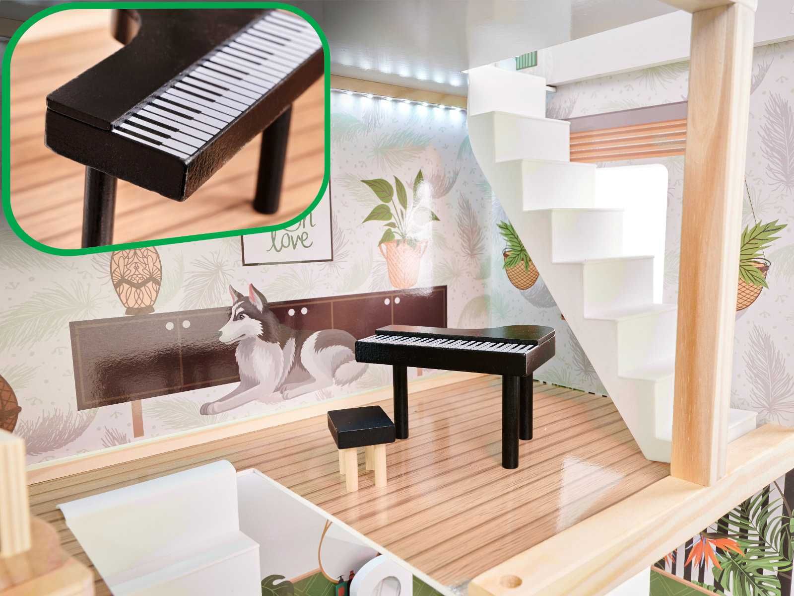 Domek dla lalek drewniany + mebelki 78cm oświetlenie LED FLORO boho