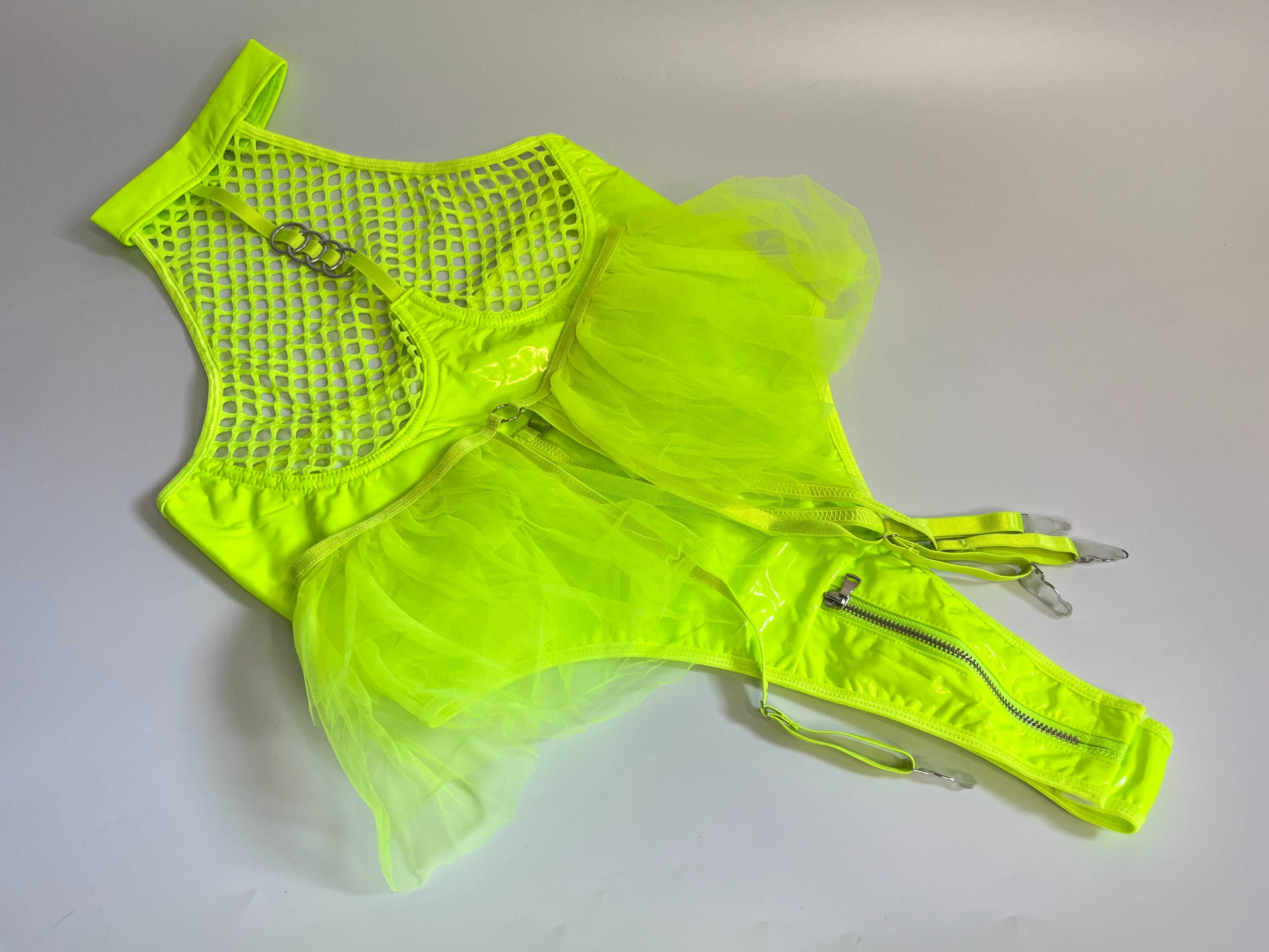 Body erotyczne lateksowe neon zielony halter z siateczką L