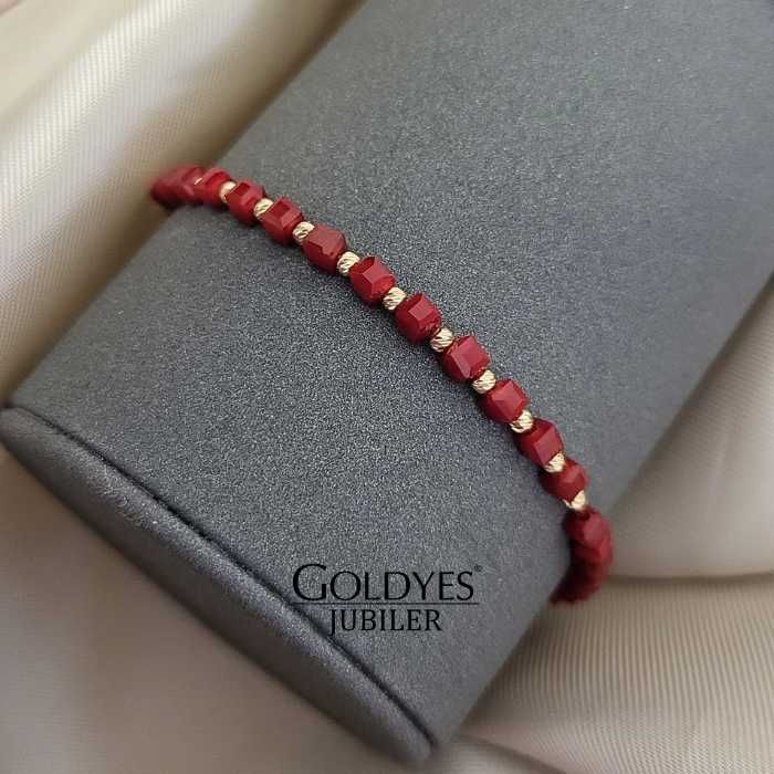 złota bransoletka na sznurku z naturalnymi kamieniami próba złota 585