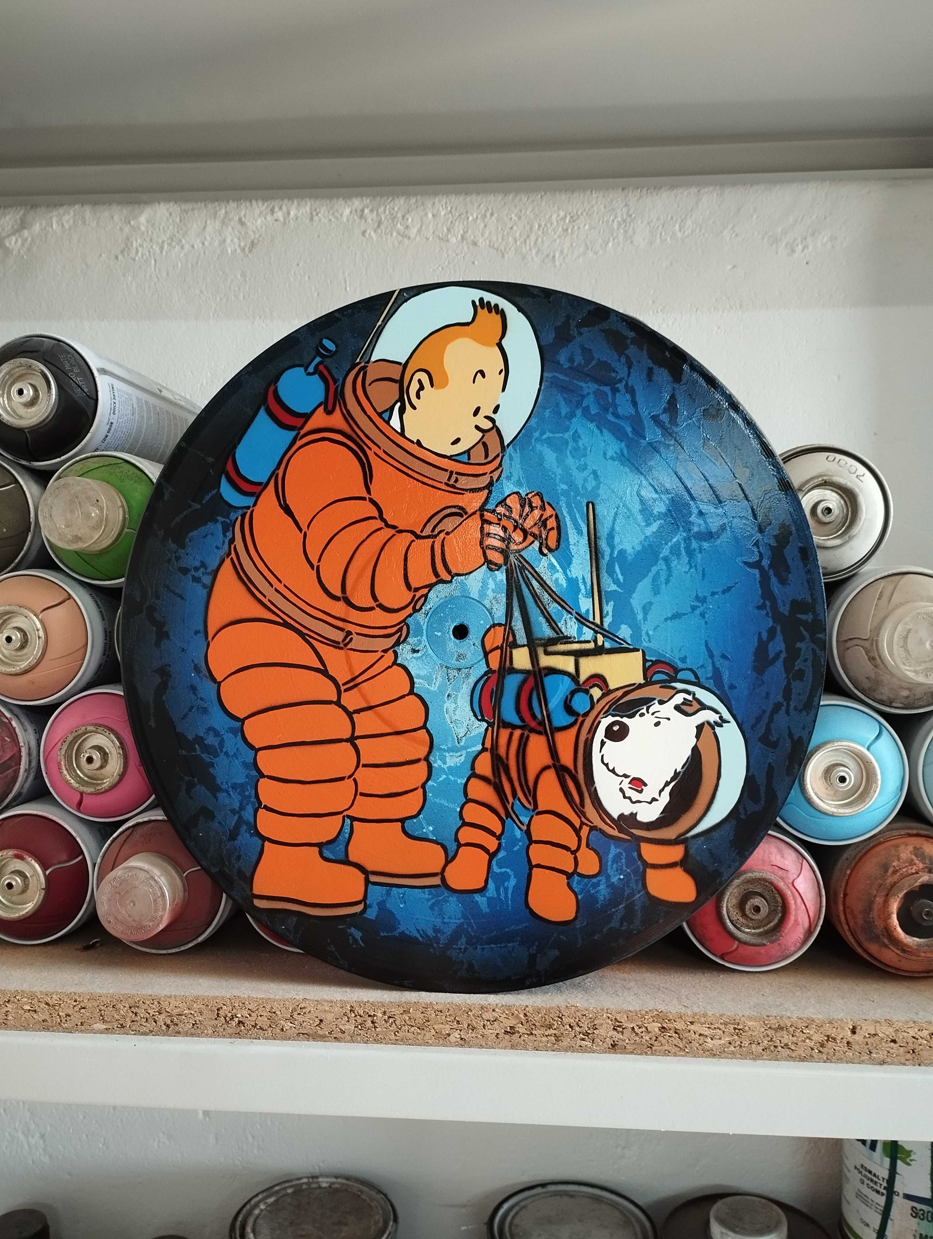 Tintin e Milu pintura original em disco de vinil