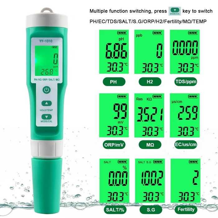 Тестер води Yieryi YY-1010 PH TDS EC ORP SALT H2 S.G Temp MΩ Fertile