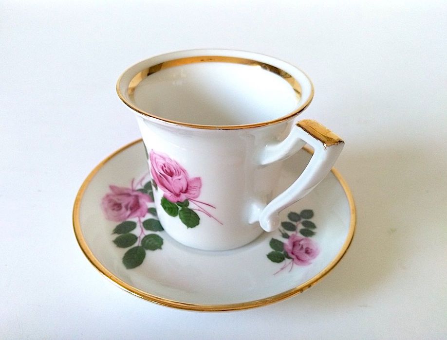 Filiżanka do mokki duo zestaw spodek z różą róże złocenia uroczy