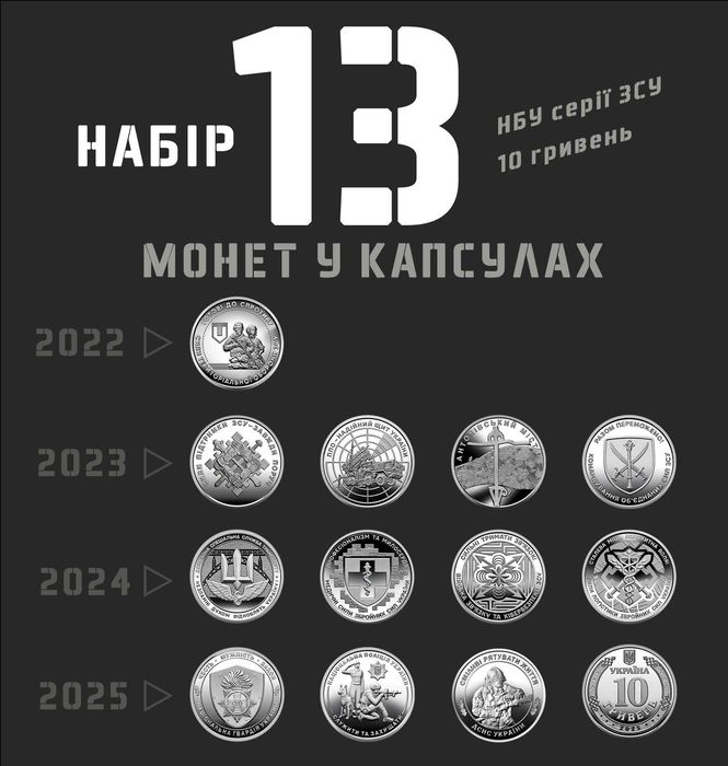 Набір з 13 монет серії ЗСУ 10 грн 2022-2025 в капсулах з ОЛХ-доставкою