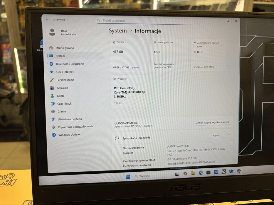 Laptop ASUS TUF F15 i7/16GB/512GB SSD/ RTX3070 8GB od Halogsm Łódź
