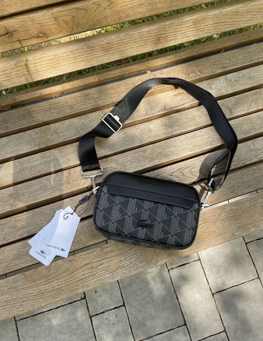 Якісна сумка через плече | барсетка LACOSTE чорна шкіряна | лакост