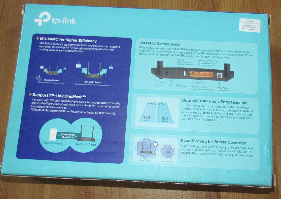 Router TP-Link Archer VR400 ADSL AC1200  zamienię OneMesh MU-MIMO WiFi