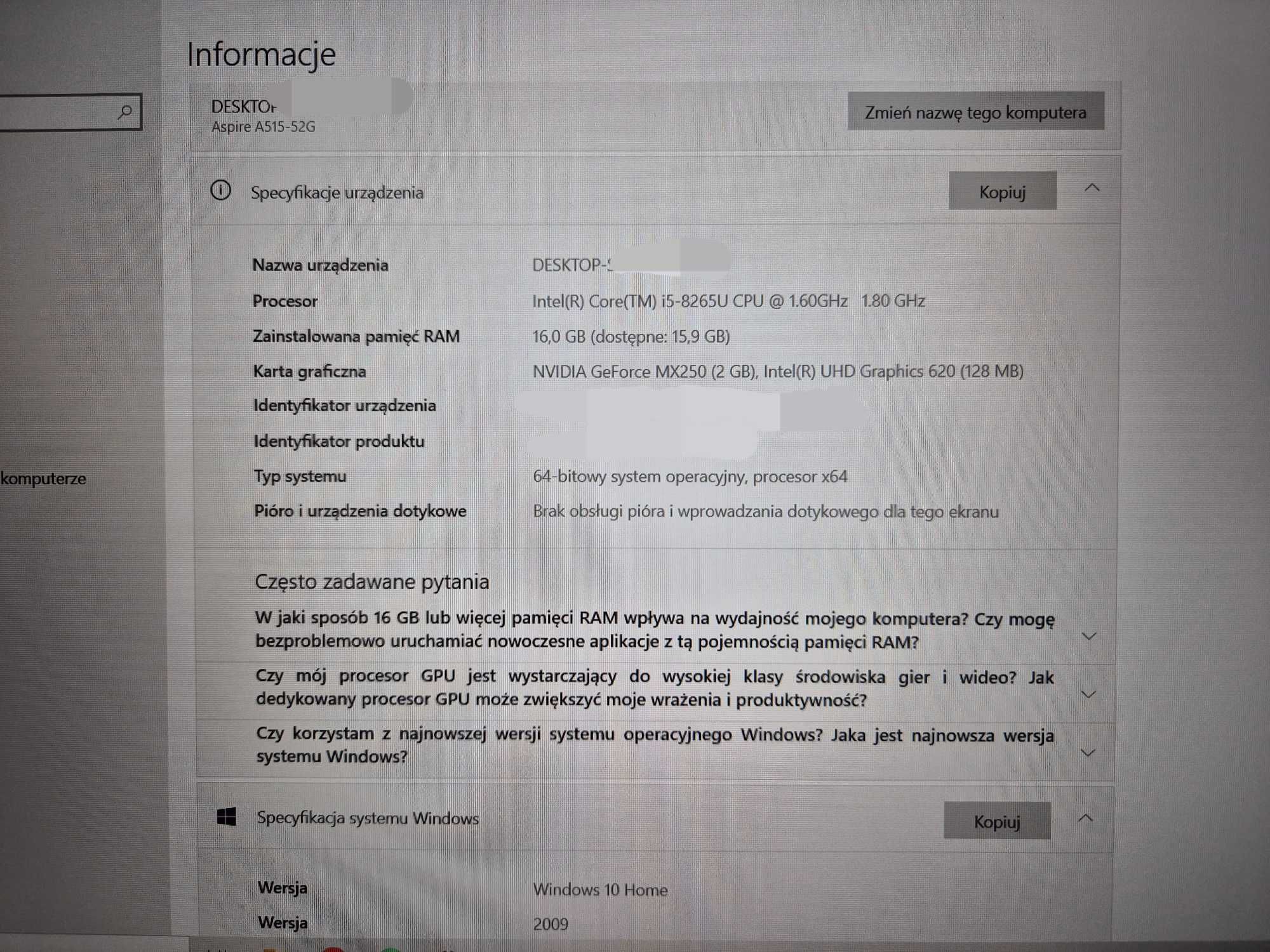 Laptop Acer Aspire 5 i5-8265U/16GB/512/Win10 MX250 A515-52G