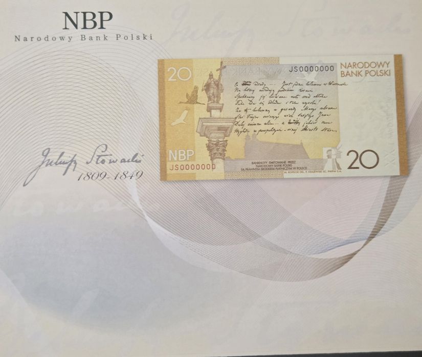 Banknot  Juliusz słowacki 20 zl Stan unc + folder